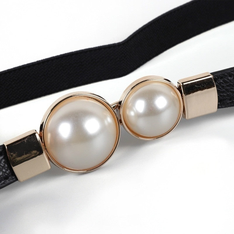 Women Double Pearl Belt PU Leather Dress Skirt Waist Elastic Thin Belts Ladies Waistband