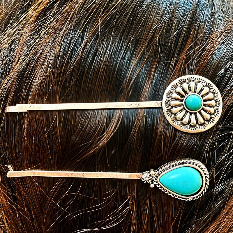 Hair Accessories Vintage Turquoise Alloy Flower Ethnic Style Western Head Clip Simple Straight Clip