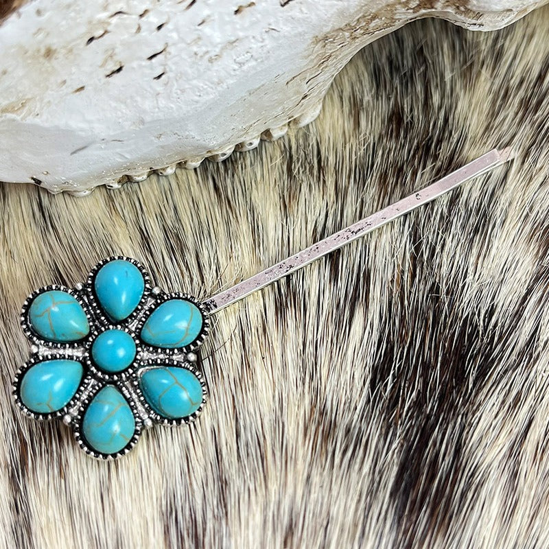Hair Accessories Vintage Turquoise Alloy Flower Ethnic Style Western Head Clip Simple Straight Clip