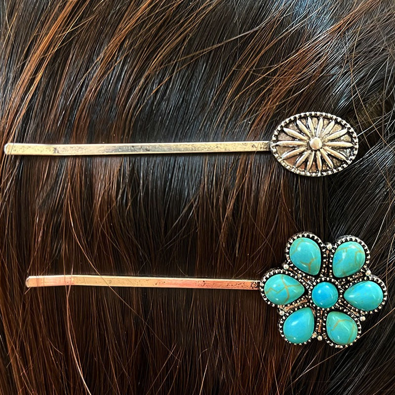 Hair Accessories Vintage Turquoise Alloy Flower Ethnic Style Western Head Clip Simple Straight Clip