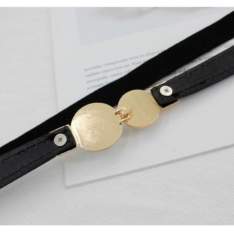 Women Double Pearl Belt PU Leather Dress Skirt Waist Elastic Thin Belts Ladies Waistband