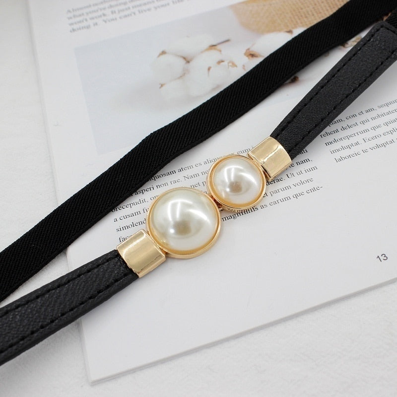 Women Double Pearl Belt PU Leather Dress Skirt Waist Elastic Thin Belts Ladies Waistband