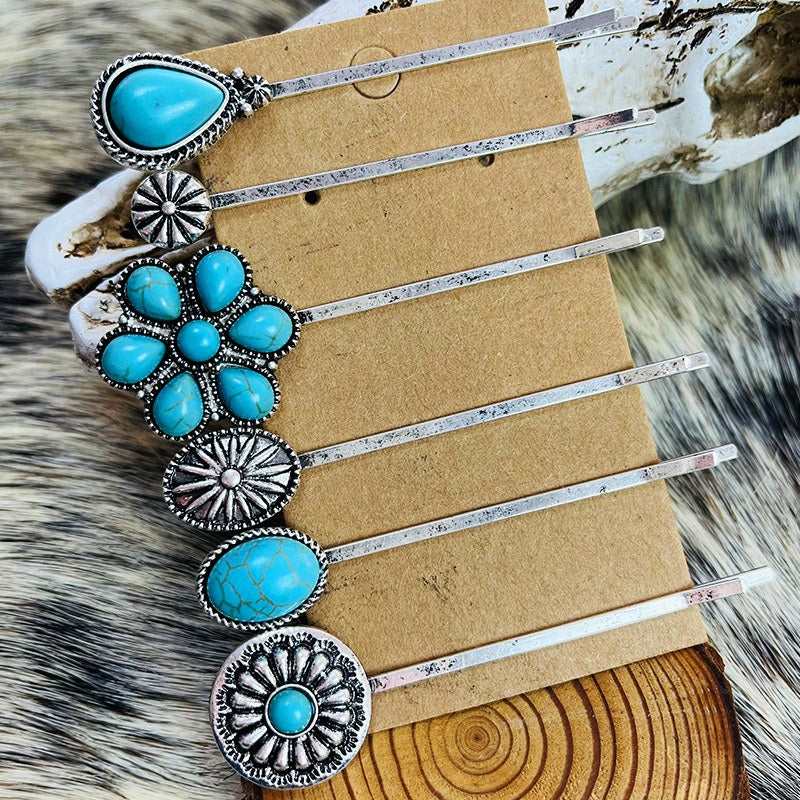 Hair Accessories Vintage Turquoise Alloy Flower Ethnic Style Western Head Clip Simple Straight Clip