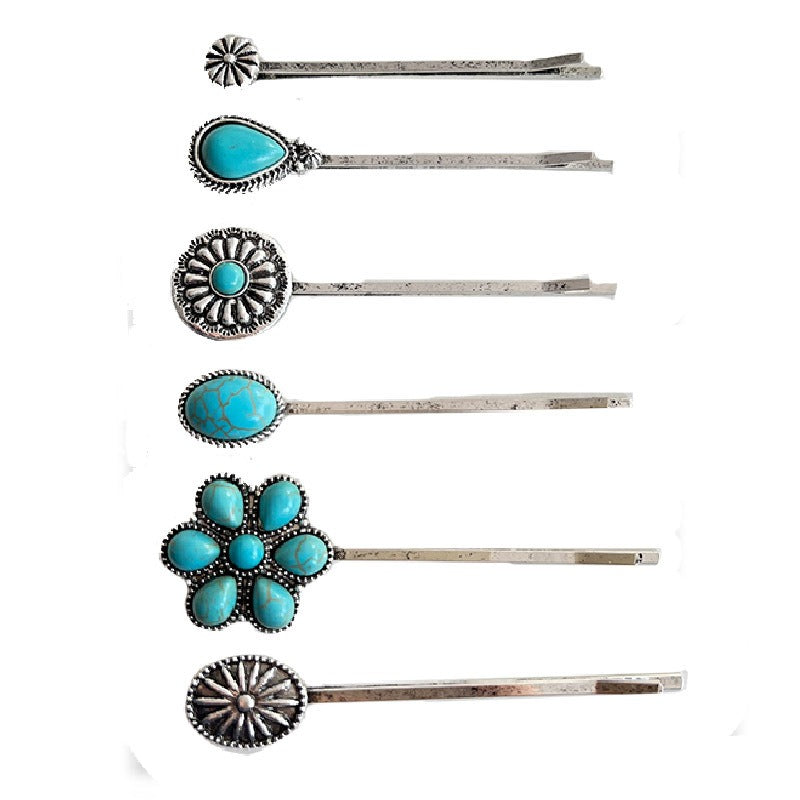 Hair Accessories Vintage Turquoise Alloy Flower Ethnic Style Western Head Clip Simple Straight Clip
