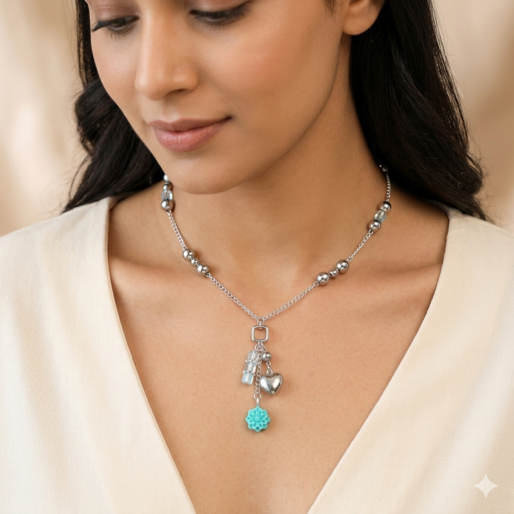 Teal floral cluster necklace