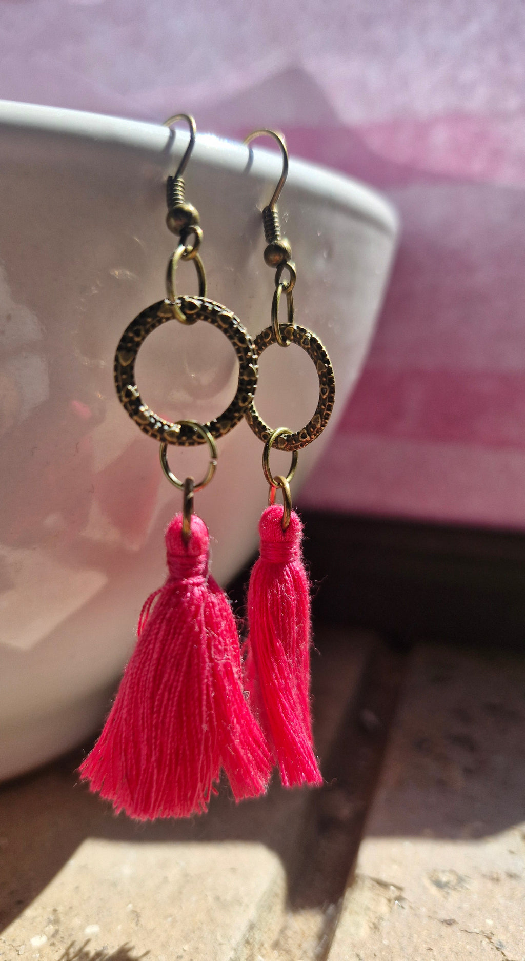 Antique gold  hoop and pink tassle earrings