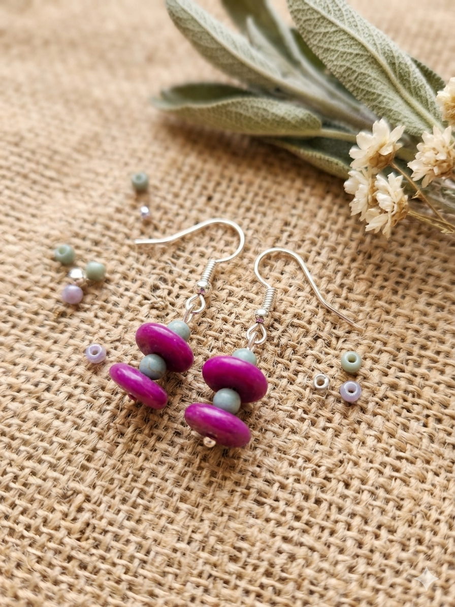 Purple wood and turquoise earrings