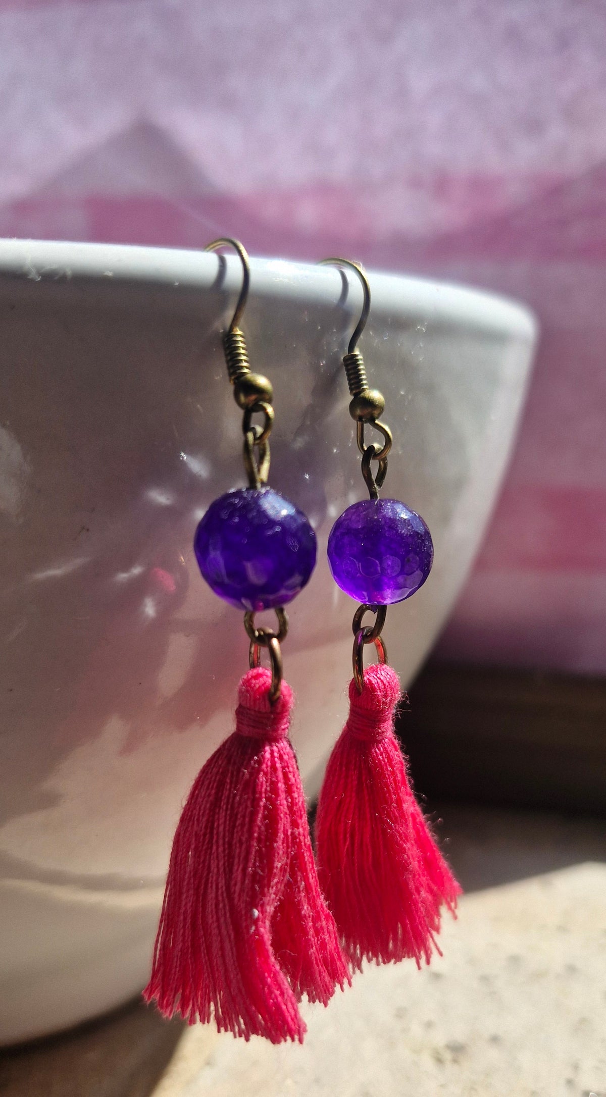Faceted amethyst and pink tassle earrings