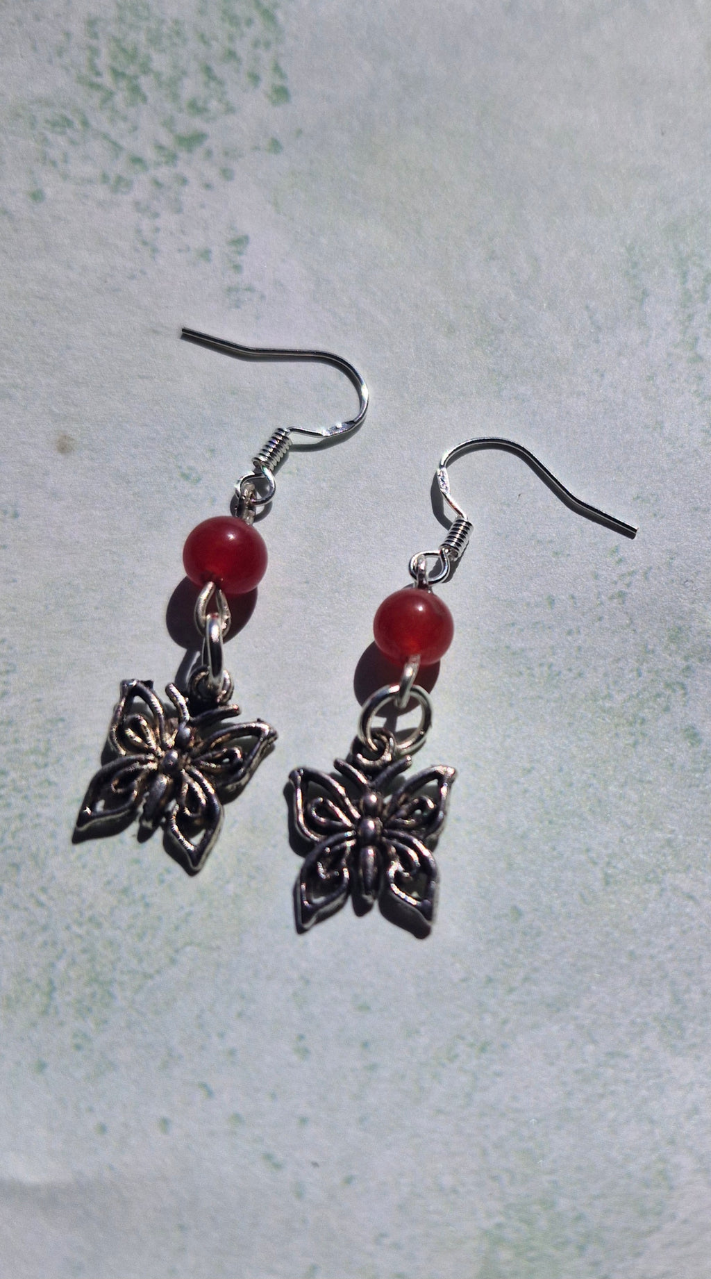 Butterfly and carnelian beeded earrings on Sterling silver wires