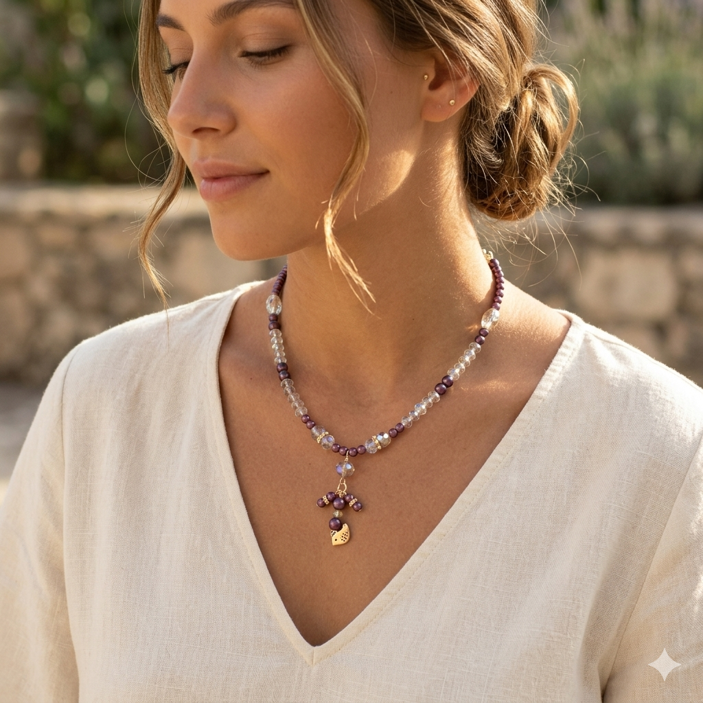 Purple glass pearls and faceted glass crystal necklace with silver bird cluster feature