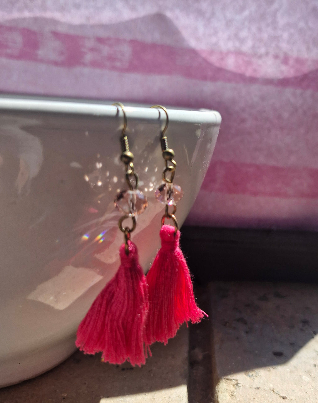 Pink crystal tassle earrings