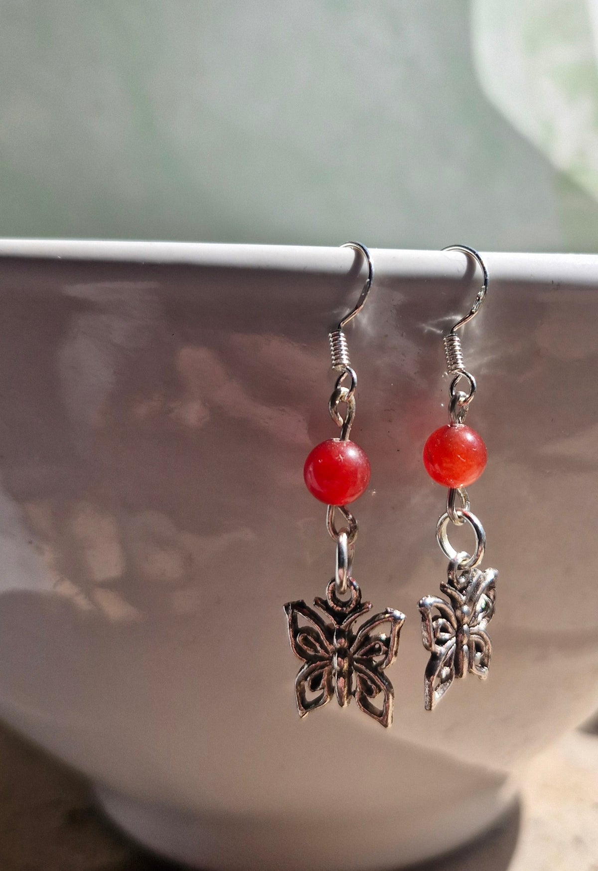 Butterfly and carnelian beeded earrings on Sterling silver wires