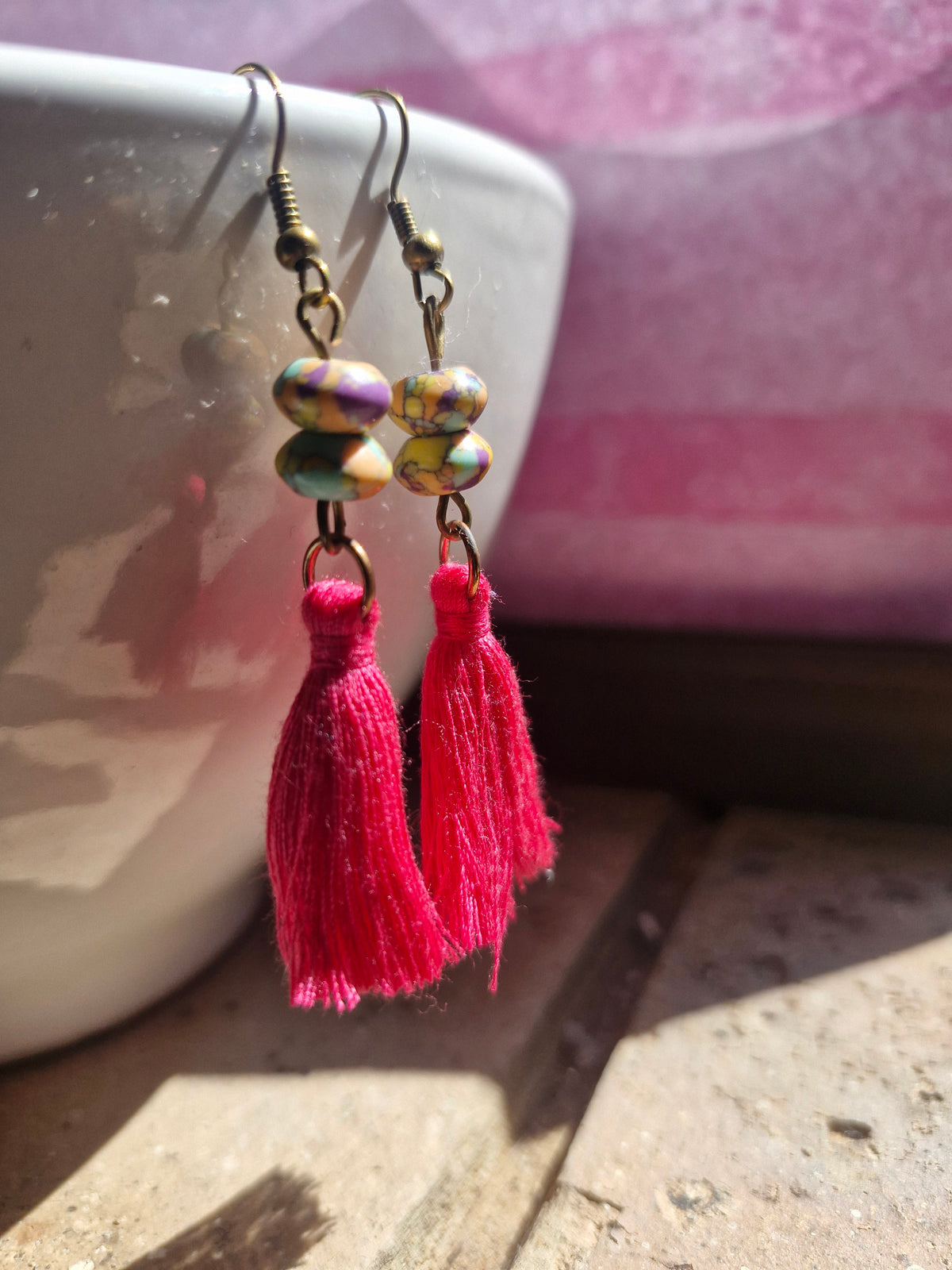 Coloured beaded pink tassle earrings
