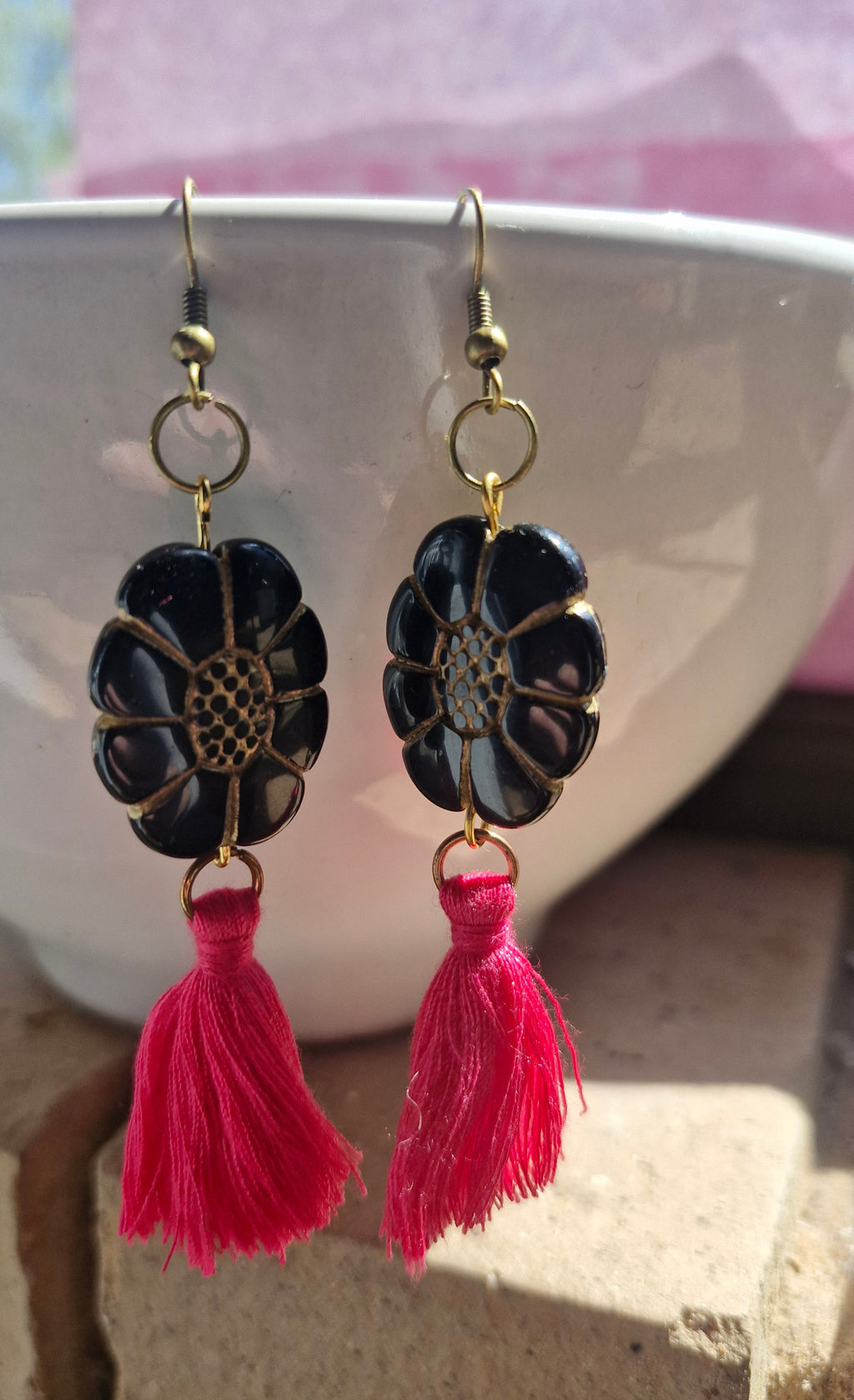 Pink, black and gold tassle earrings