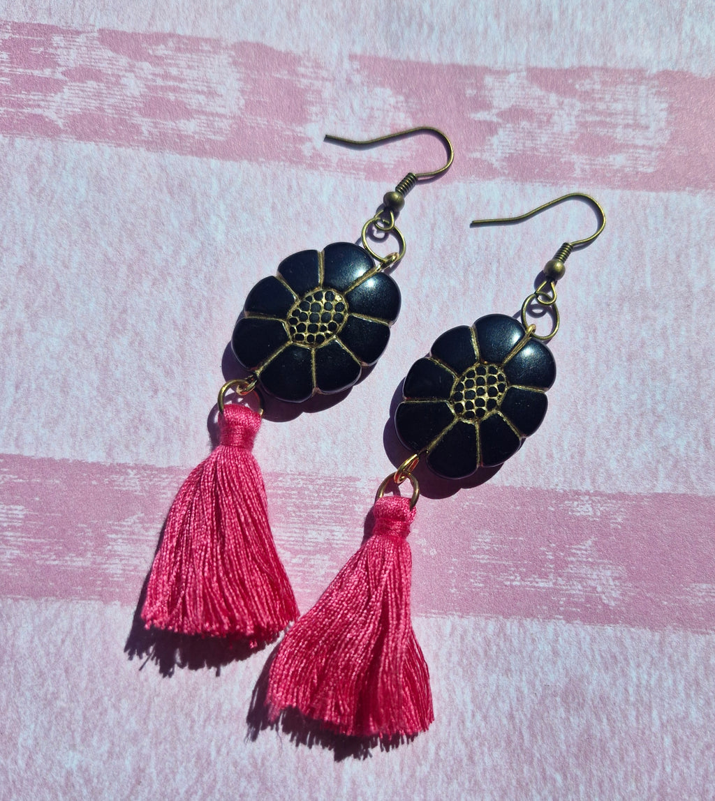 Pink, black and gold tassle earrings
