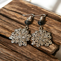 Dangle Earrings with black glass crystal and flower feature