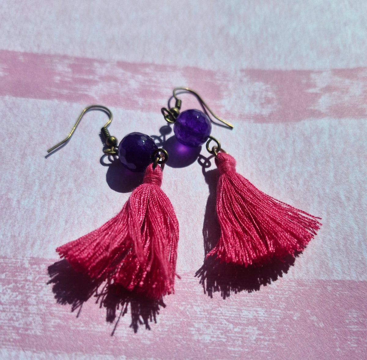 Faceted amethyst and pink tassle earrings