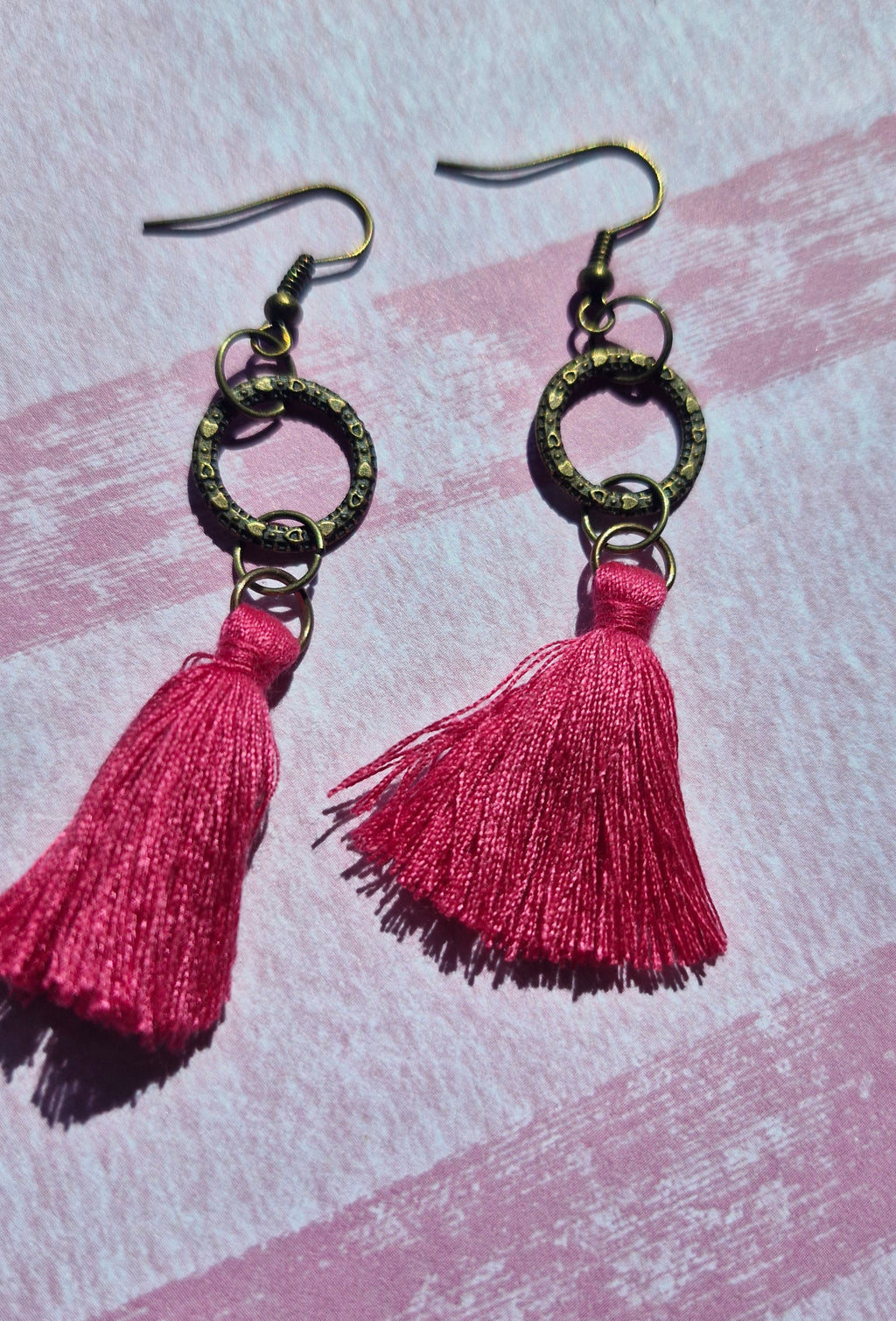 Antique gold  hoop and pink tassle earrings