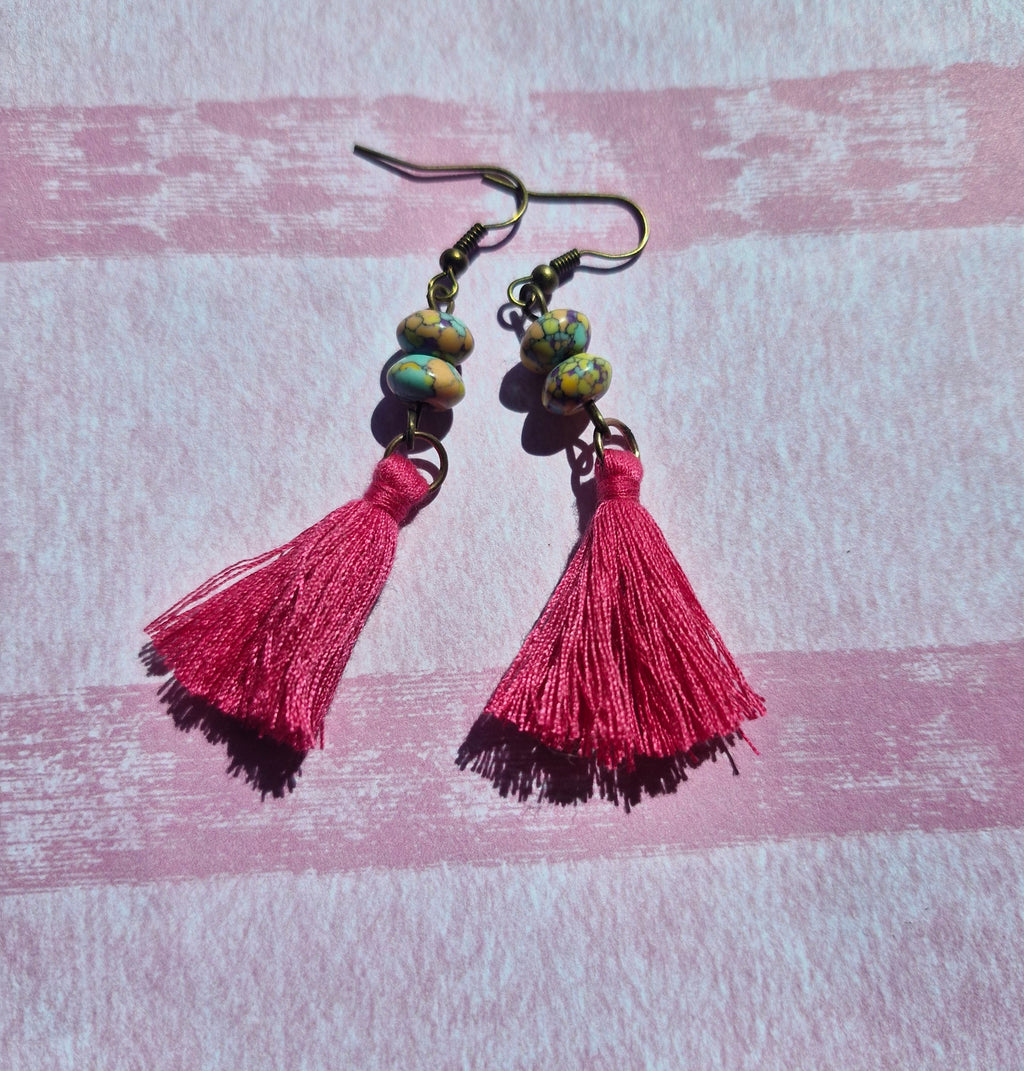 Coloured beaded pink tassle earrings